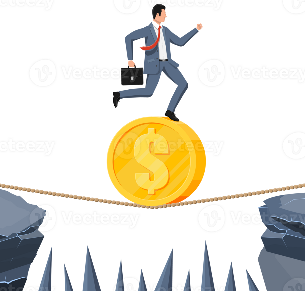 Businessman on coin walking on rope png