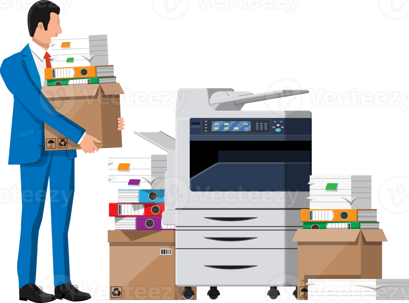 Stressed businessman with pile of office documents png