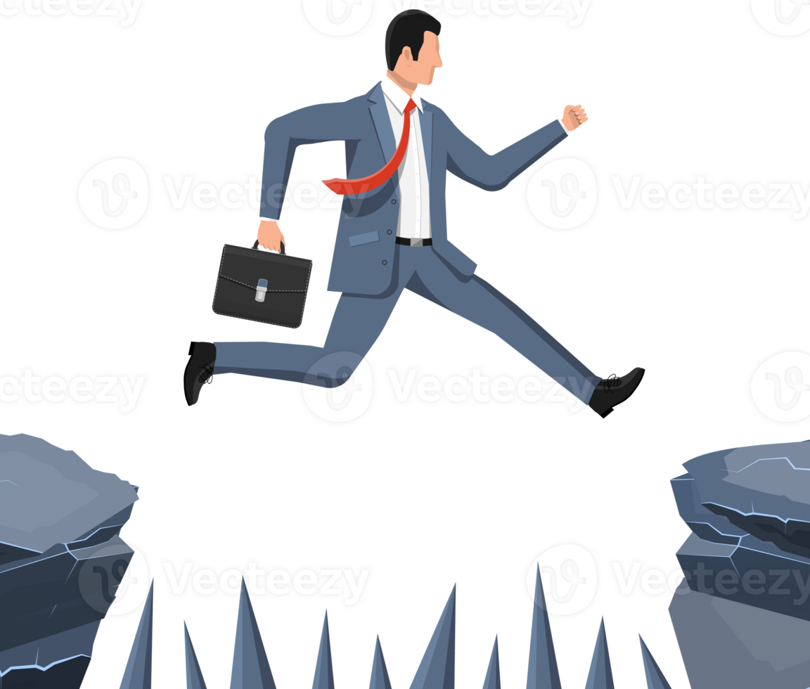 Businessman jumps to goal through abyss. png