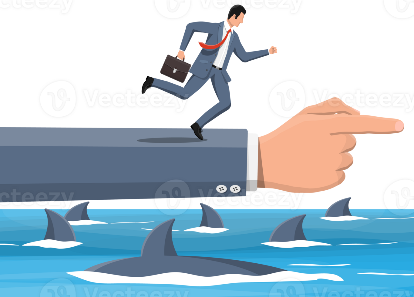 zakenman rennen Aan hand- over- haai in water. png