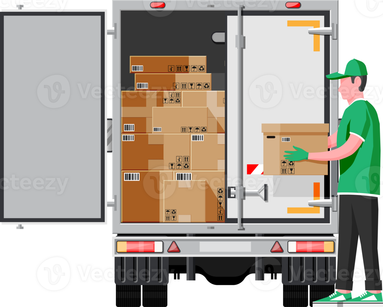 Truck trailer loaded with cardboard boxes. png