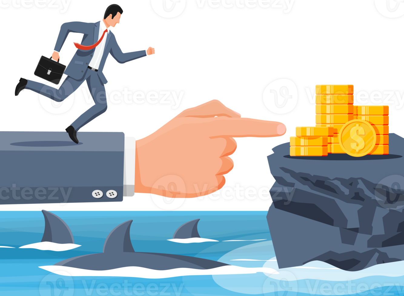 Businessman running on hand over shark in water. png