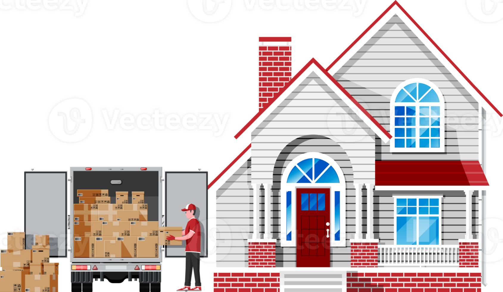 Delivery van full of cardboard boxes and house png
