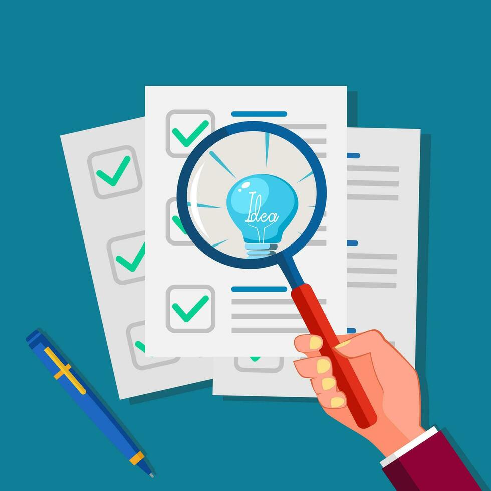 A light bulb in a magnifying glass and paper for business documents. Document analysis with clarity vector