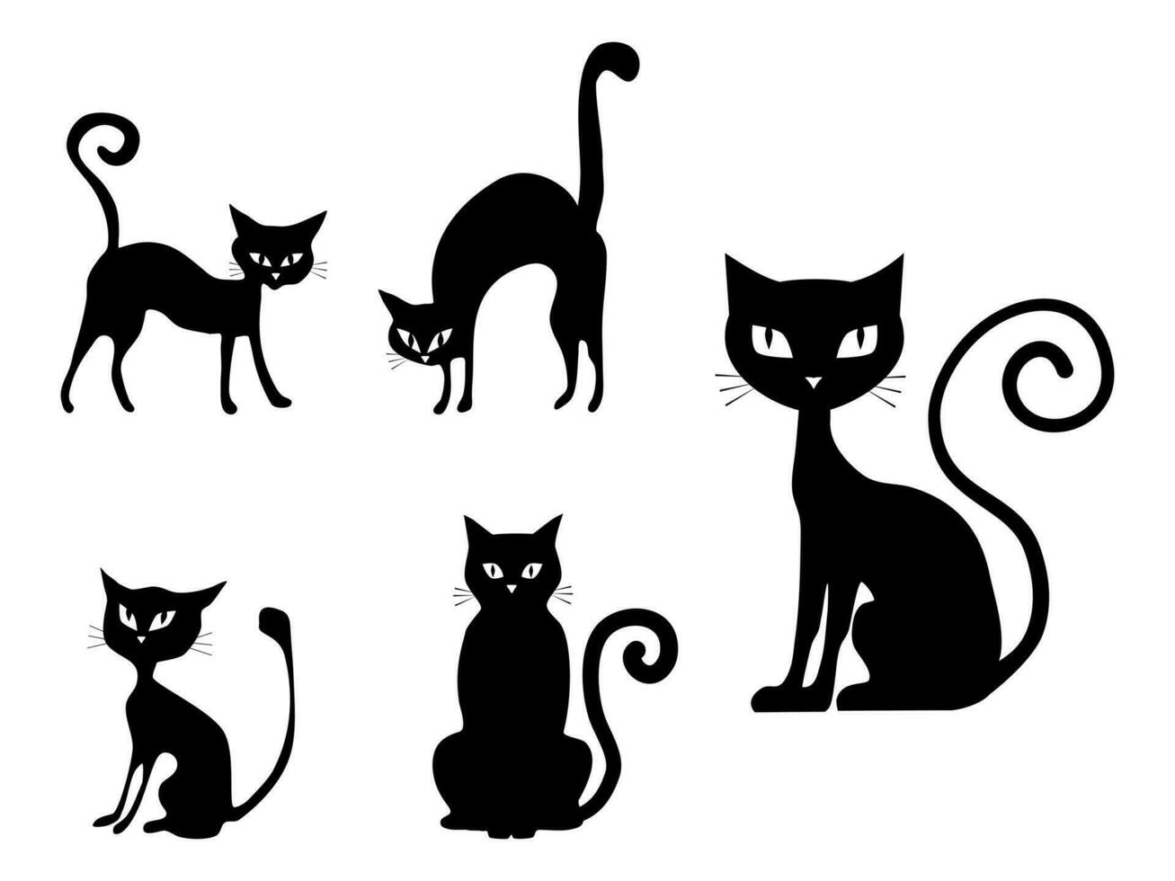 Set of various black cat silhouettes. Sitting cat. Halloween designs. vector illustration