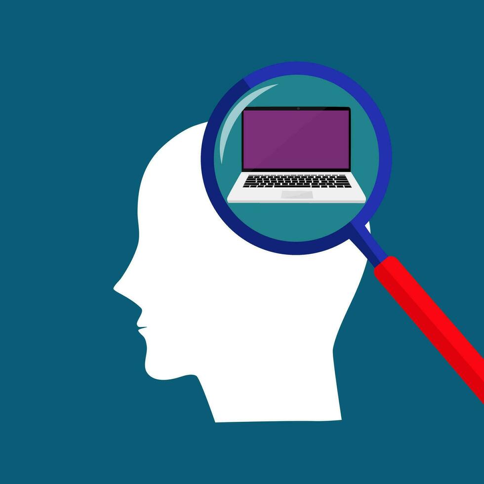 The laptop in the human head. The idea in the brain thinks about work. Vector