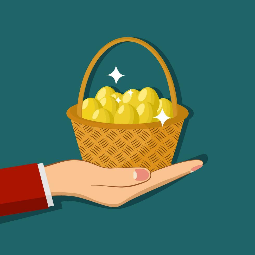 A business man with a basket of golden eggs. vector illustration