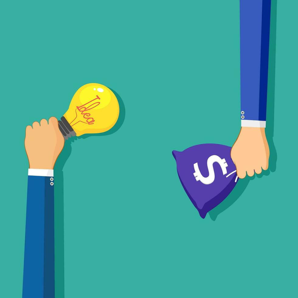 Hand bag money and hand holds light bulb. Buy idea. investing in innovation. modern technology business concept vector