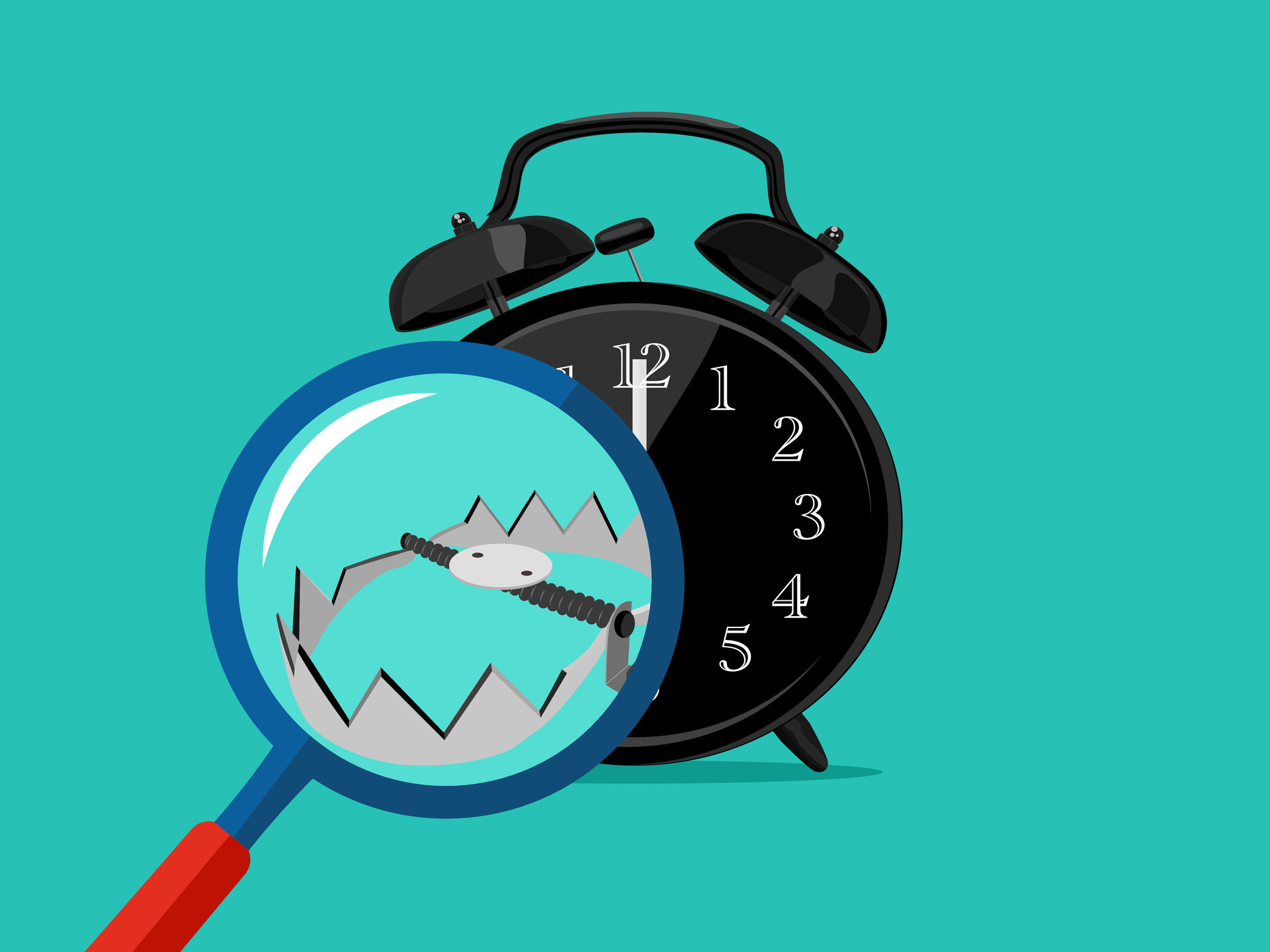 Magnifying glass and clock. Time trap concept. vector illustration