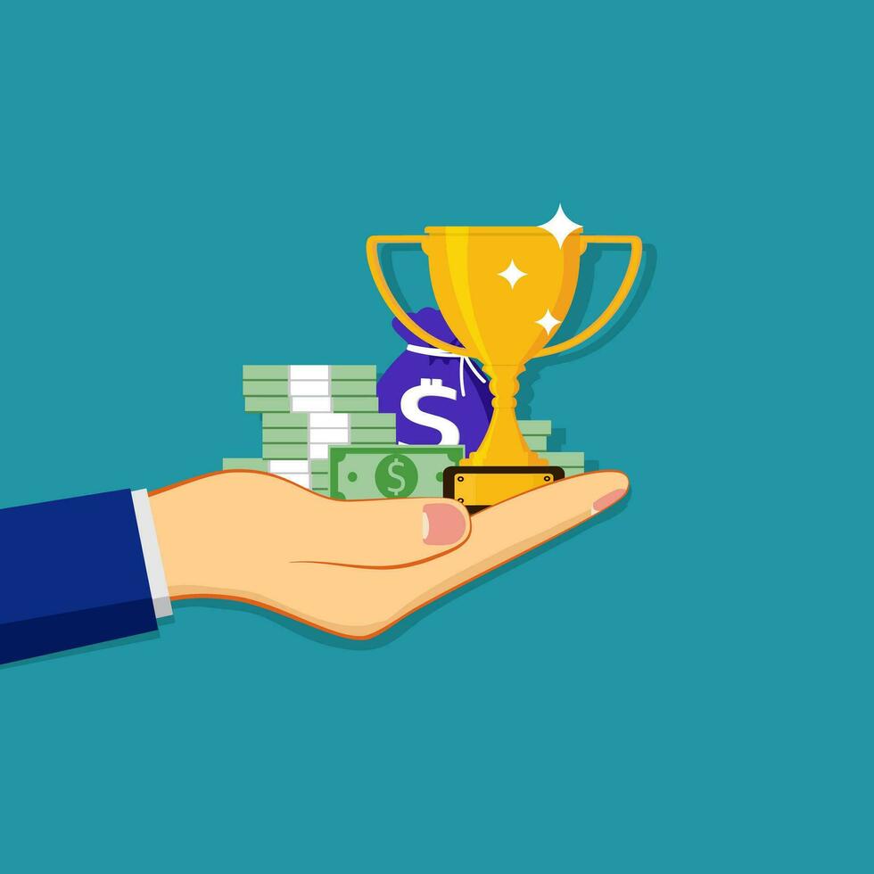 Handing awards concept. Man holding a reward for awarding and bonus.j vector