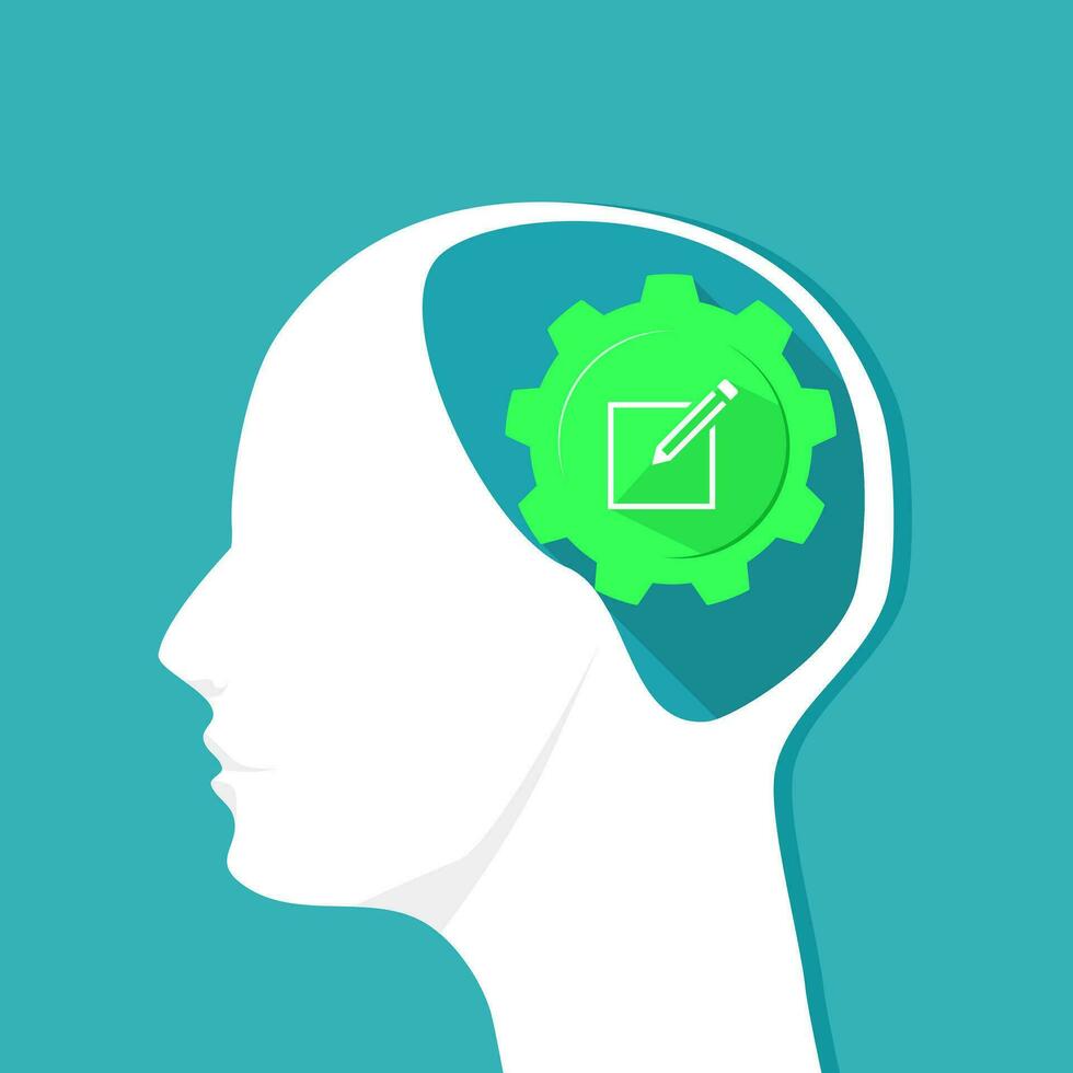 A notebook icon in the human head. The concept of taking notes in the brain vector