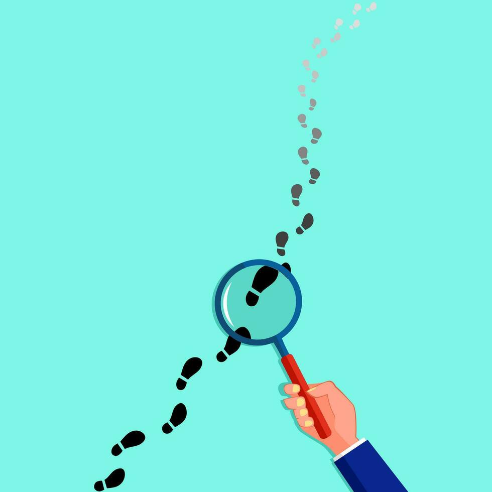 The magnifying glass detective is following in the black footsteps. Vector illustration