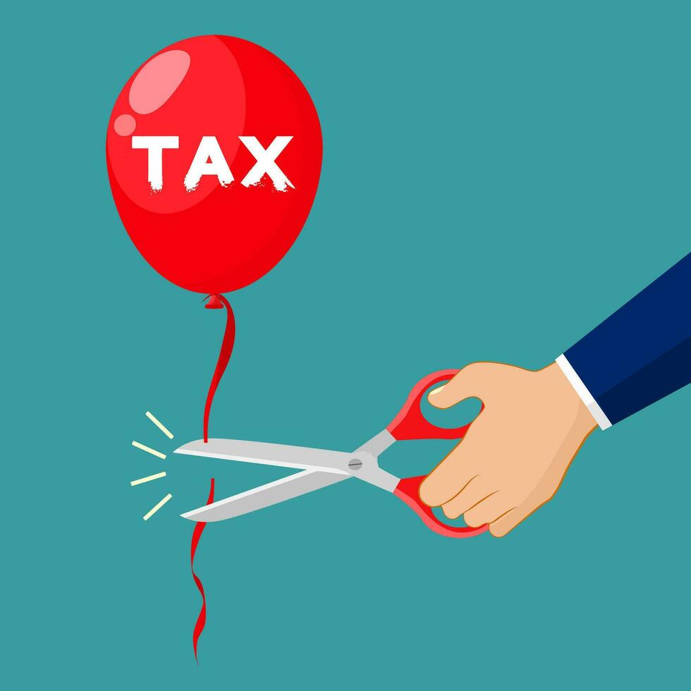 Businessmen use scissors to cut tax balloons. Business idea vector