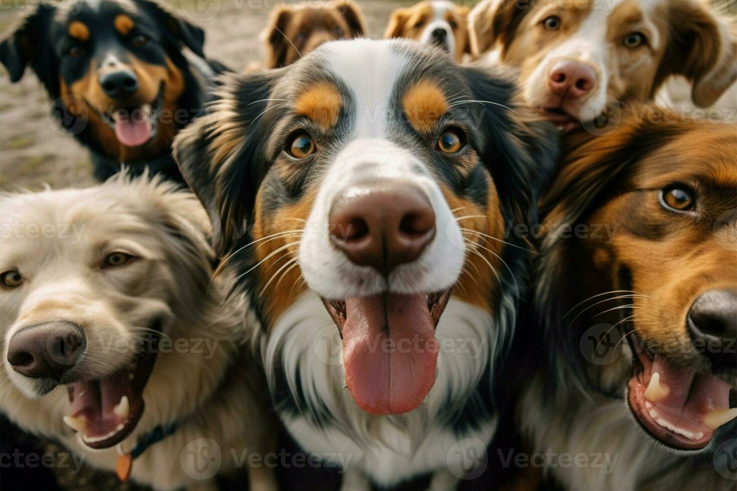 AI generated Doggy snapshot A selfie featuring a lively group of dogs photo