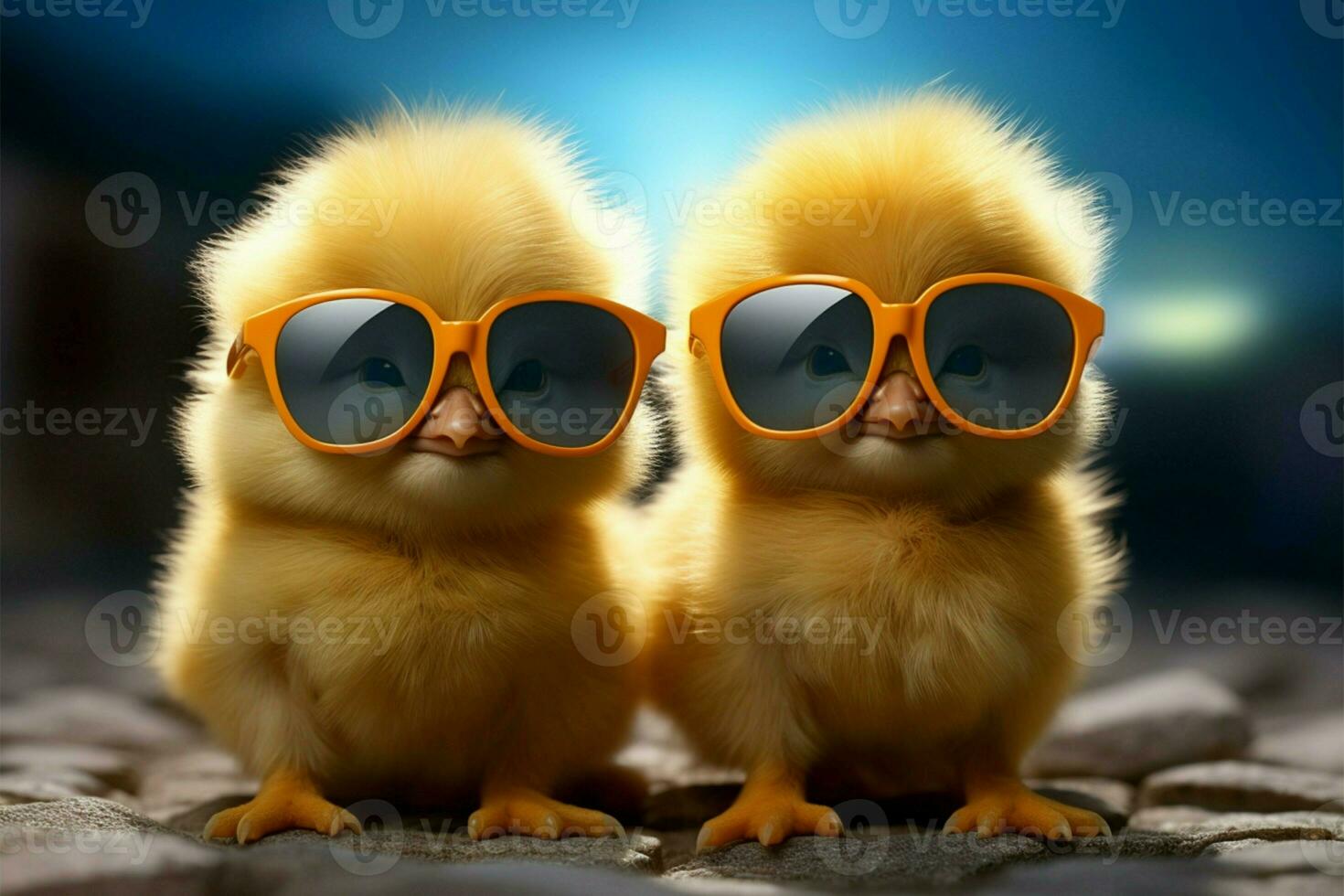 AI generated Tiny trendsetter Chick with sunglasses, happy, small, spring farm animal photo