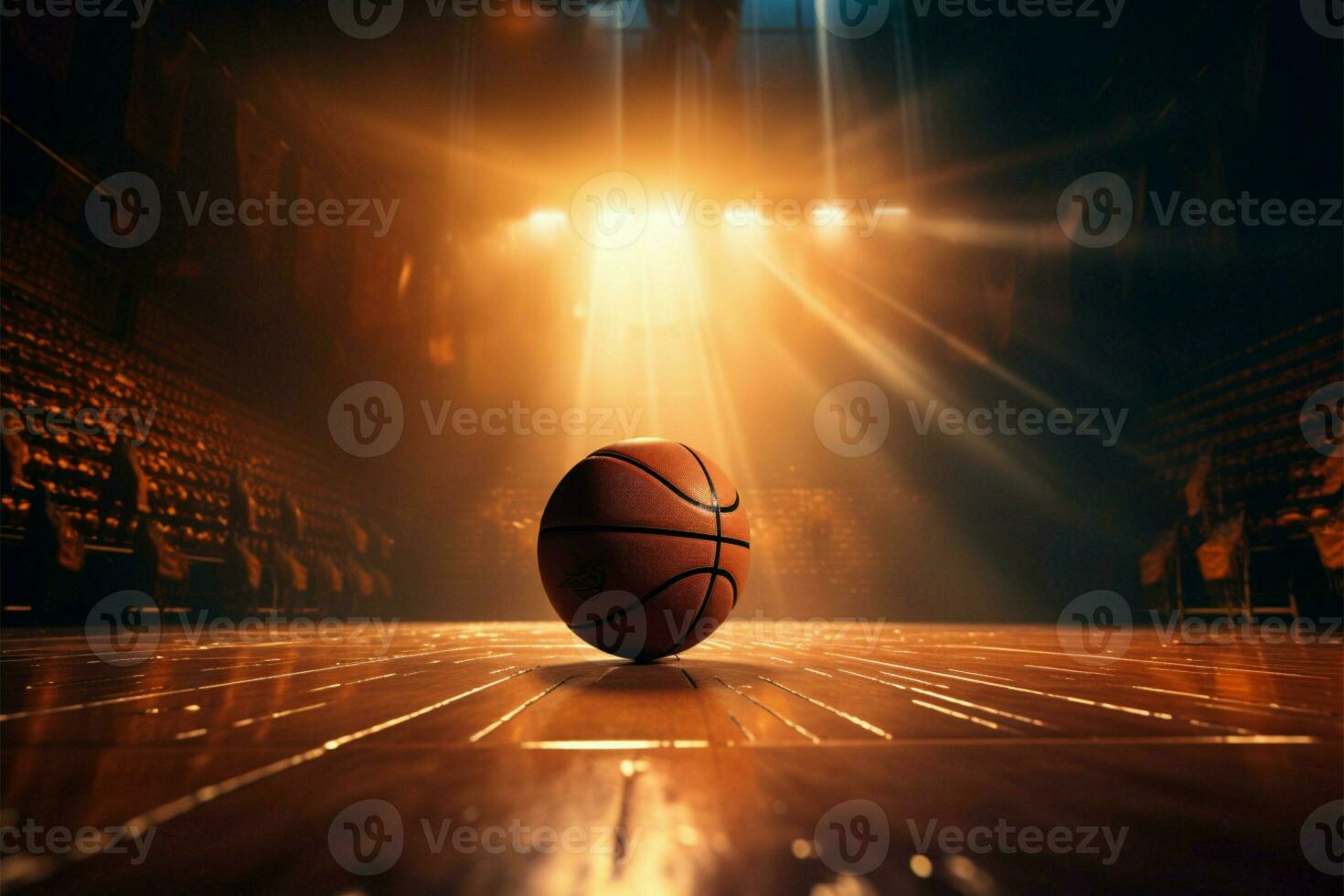AI generated Basketball arena Wooden court, hoop, and players in intense tournament action photo