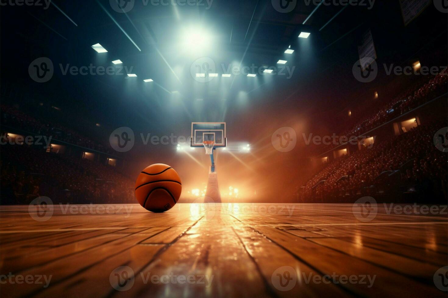 ai generado baloncesto arena de madera corte, aro, y jugadores en intenso torneo acción foto