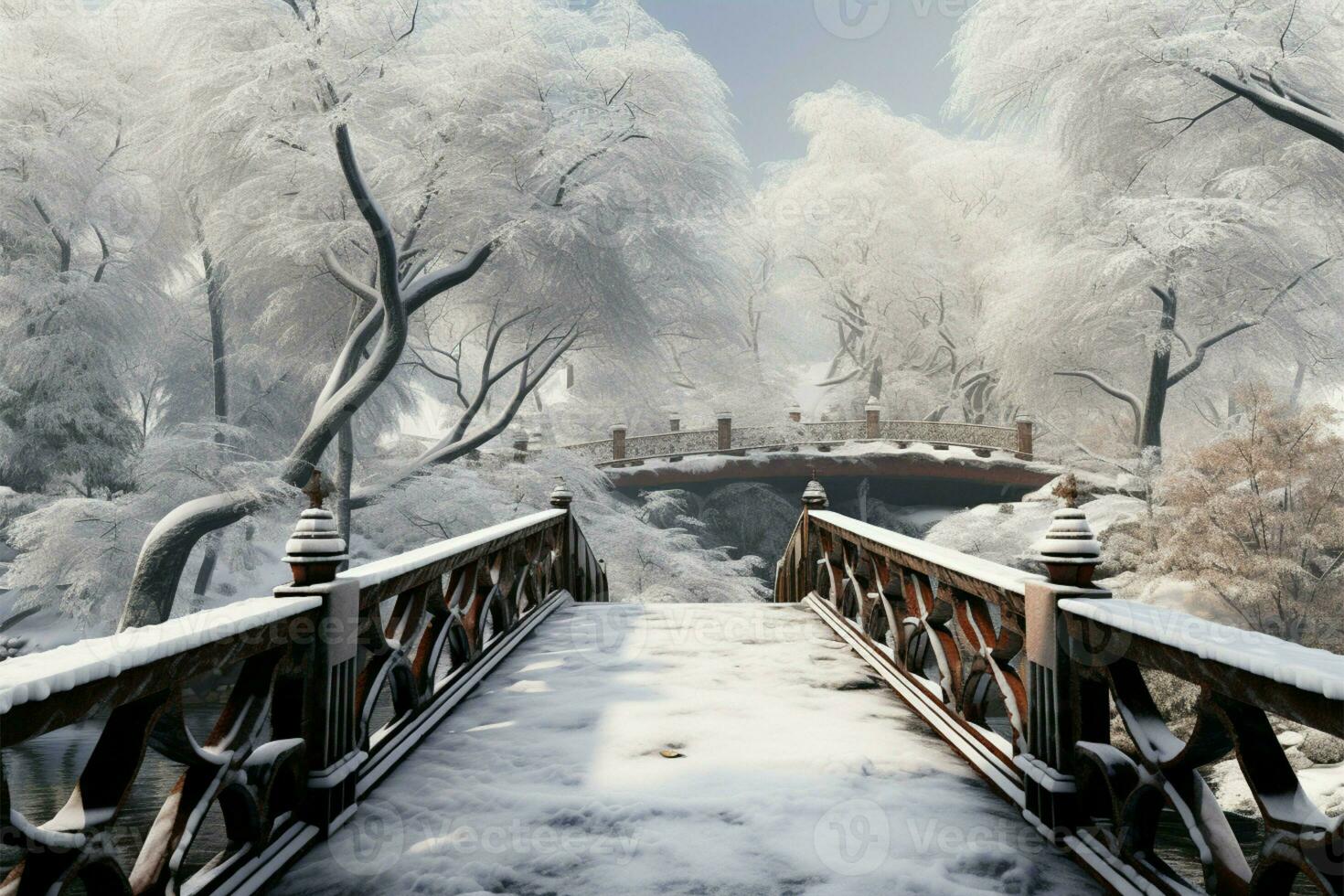 AI generated Botanic serenity Winter scene with bridge, frozen water, and snow draped trees photo