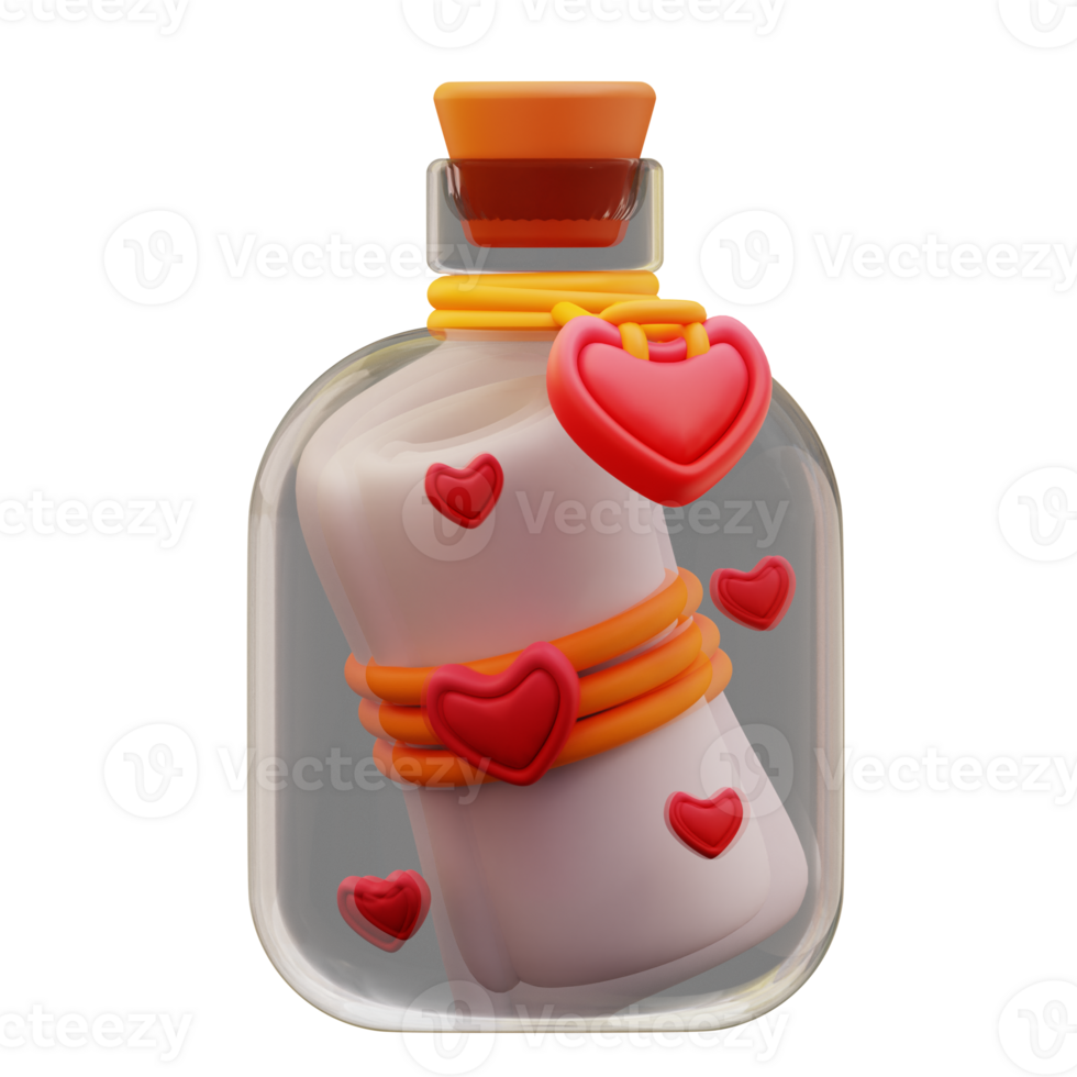 3d illustration of a love letter in a bottle png
