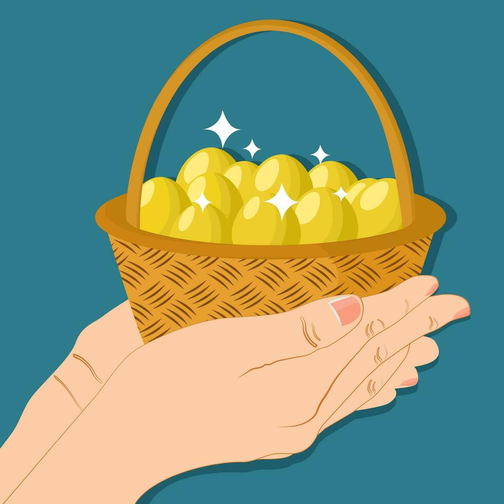 Hand holding a basket of golden eggs. Vector illustration