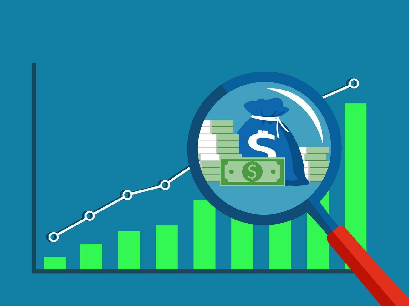 The assets in the magnifying glass and the graph grow. Profit growth concept vector