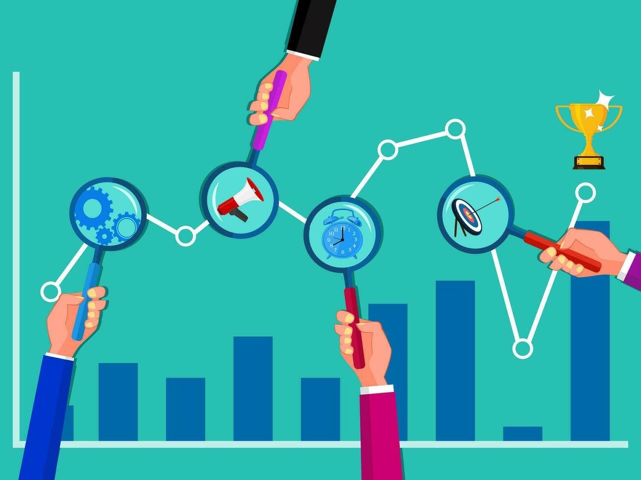 aumentador vaso y gráficos el concepto de negocio personas analizando el grafico de el sistema en haciendo negocio vector