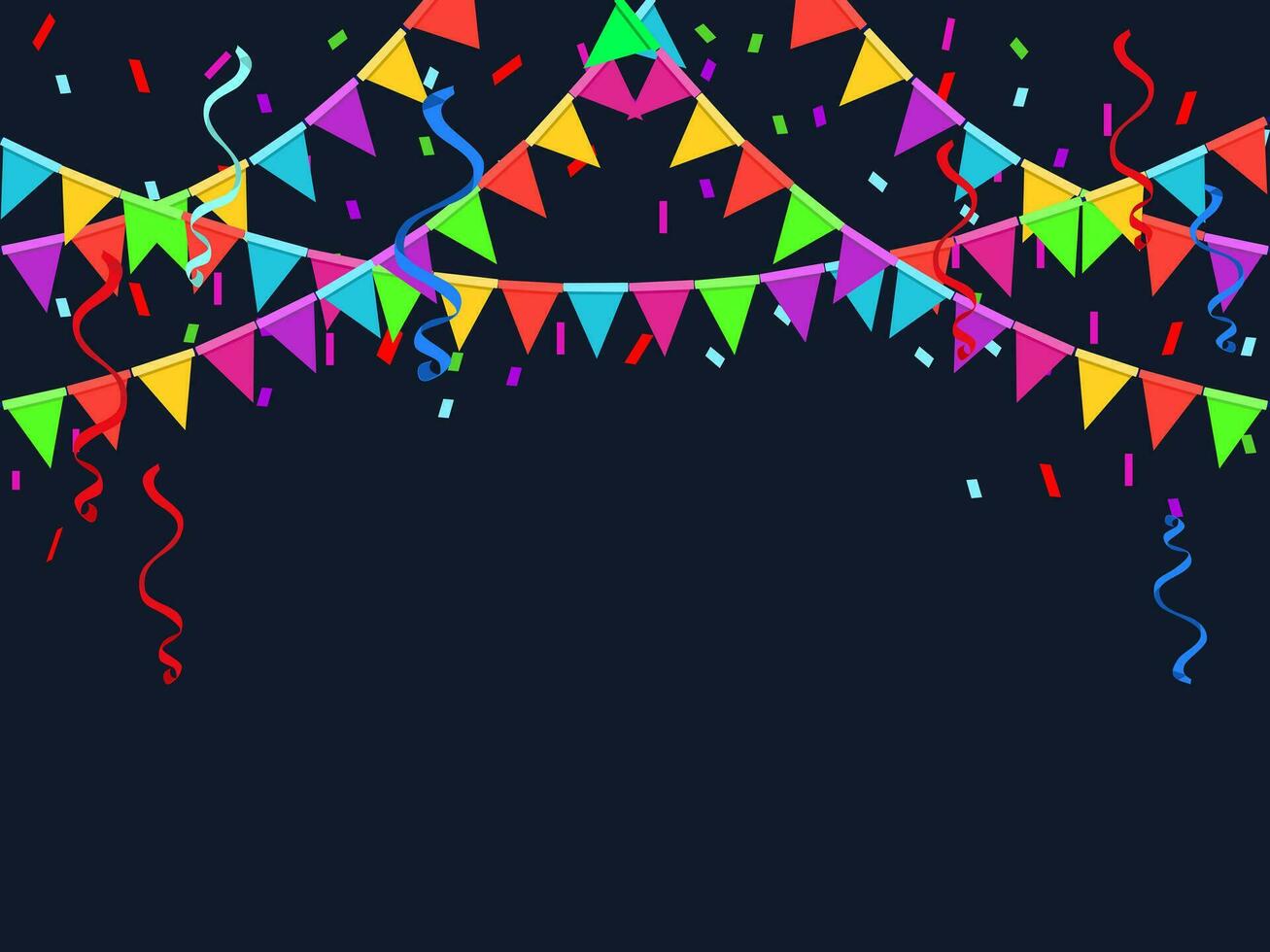 Colorful Party Flags With Confetti And Ribbons Falling. Celebrate banner. Vector