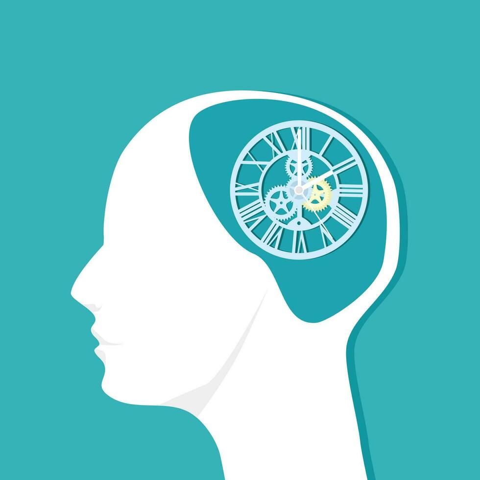 The clock in the human head. The brain thinks about time. Vector illustration