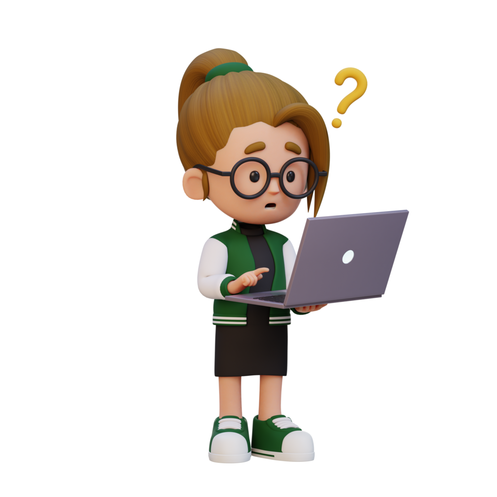 3D cute girl character confused on a laptop png