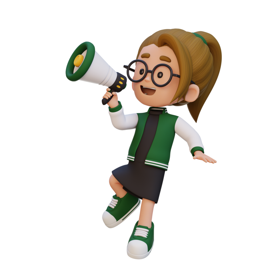 3D cute girl Character jumping and talking on Megaphone png