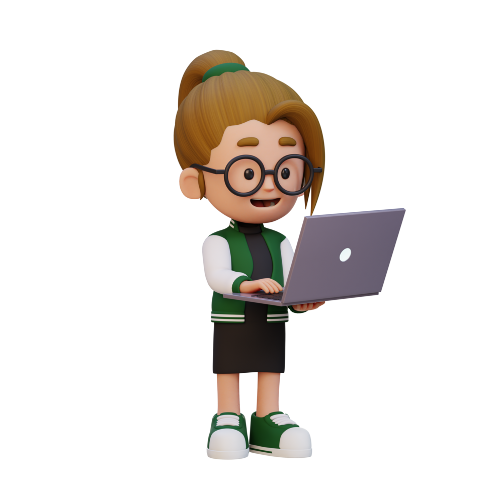 3d menina personagem trabalhando em uma computador portátil png