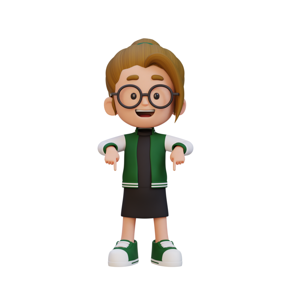 3D cute girl pointing hand to bottom png