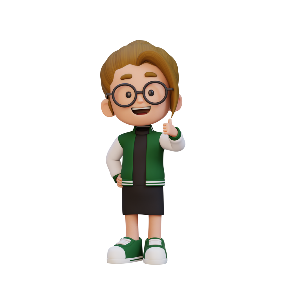 3D girl character give a thumb up with cute happy face png