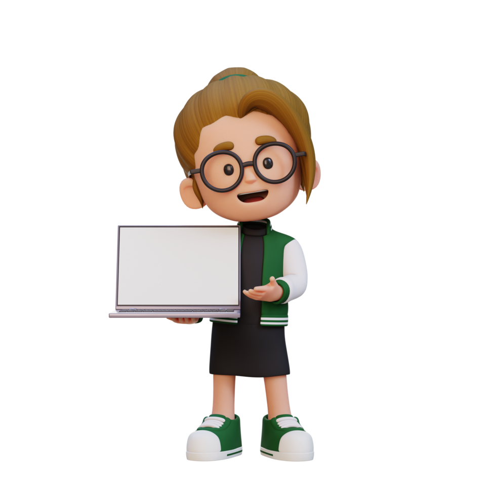 3D girl Character Holding and Presenting to a Laptop with Empty Screen png