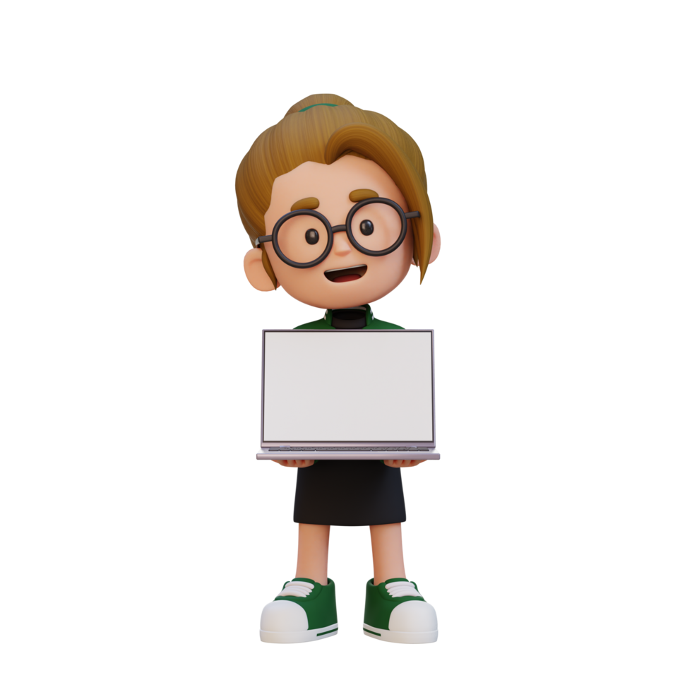 3D girl Character Holding and Presenting to a Laptop with Empty Screen png