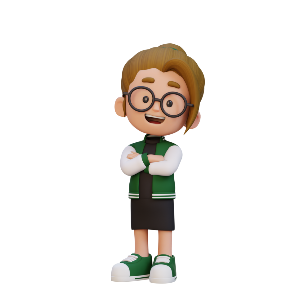 3D cute girl character in confident pose crossed hand png