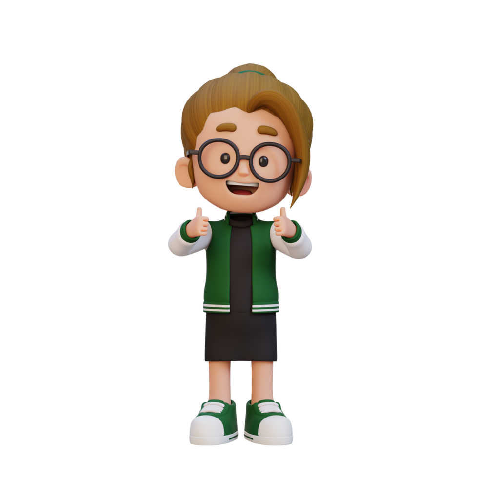 3D girl character give a thumbs up with cute happy face png