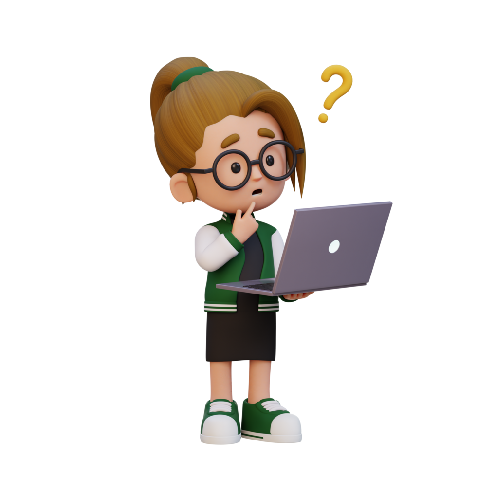 3D cute girl character confused on a laptop png