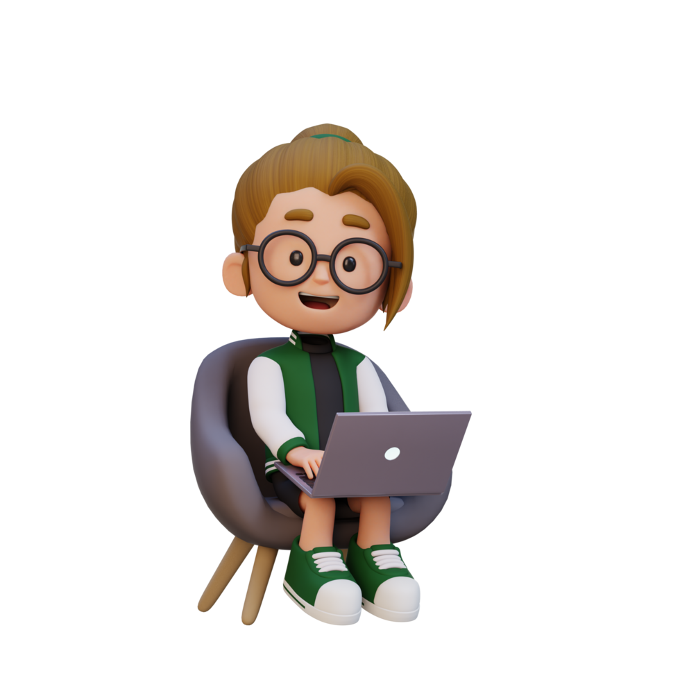 3D girl Character working on a Laptop png