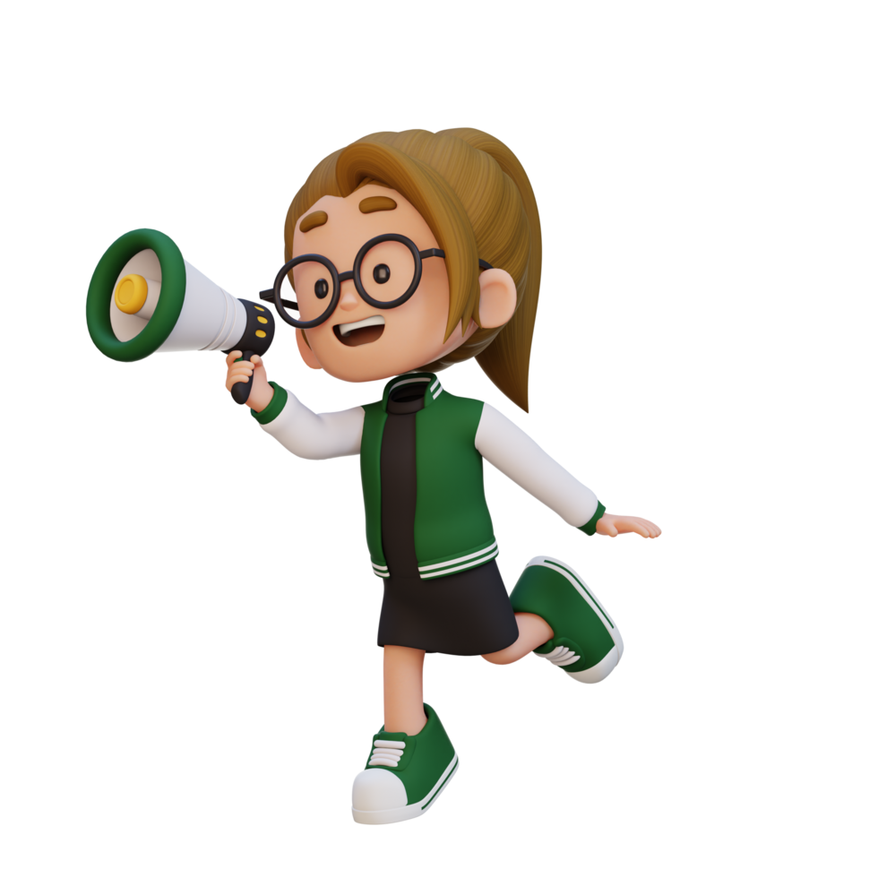 3D cute girl Character jumping and talking on Megaphone png