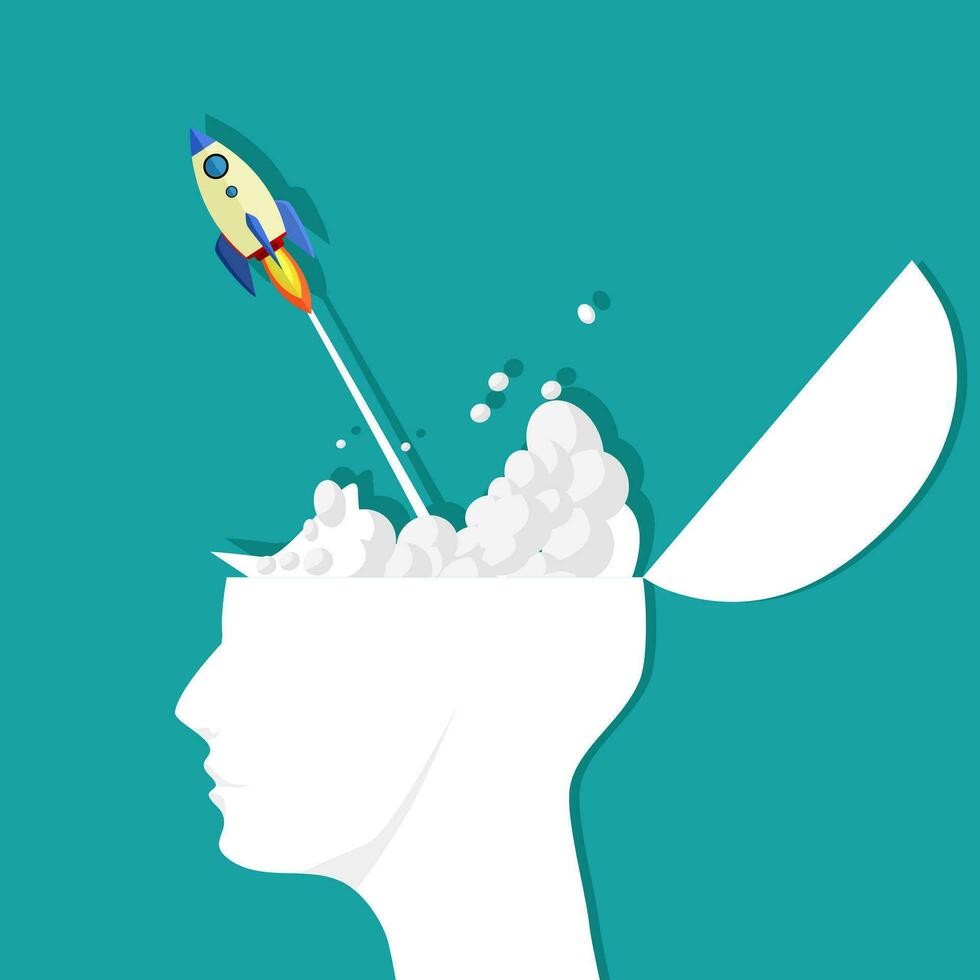 The human head has a rocket coming out of the inside of the brain. Business start up ideas vector