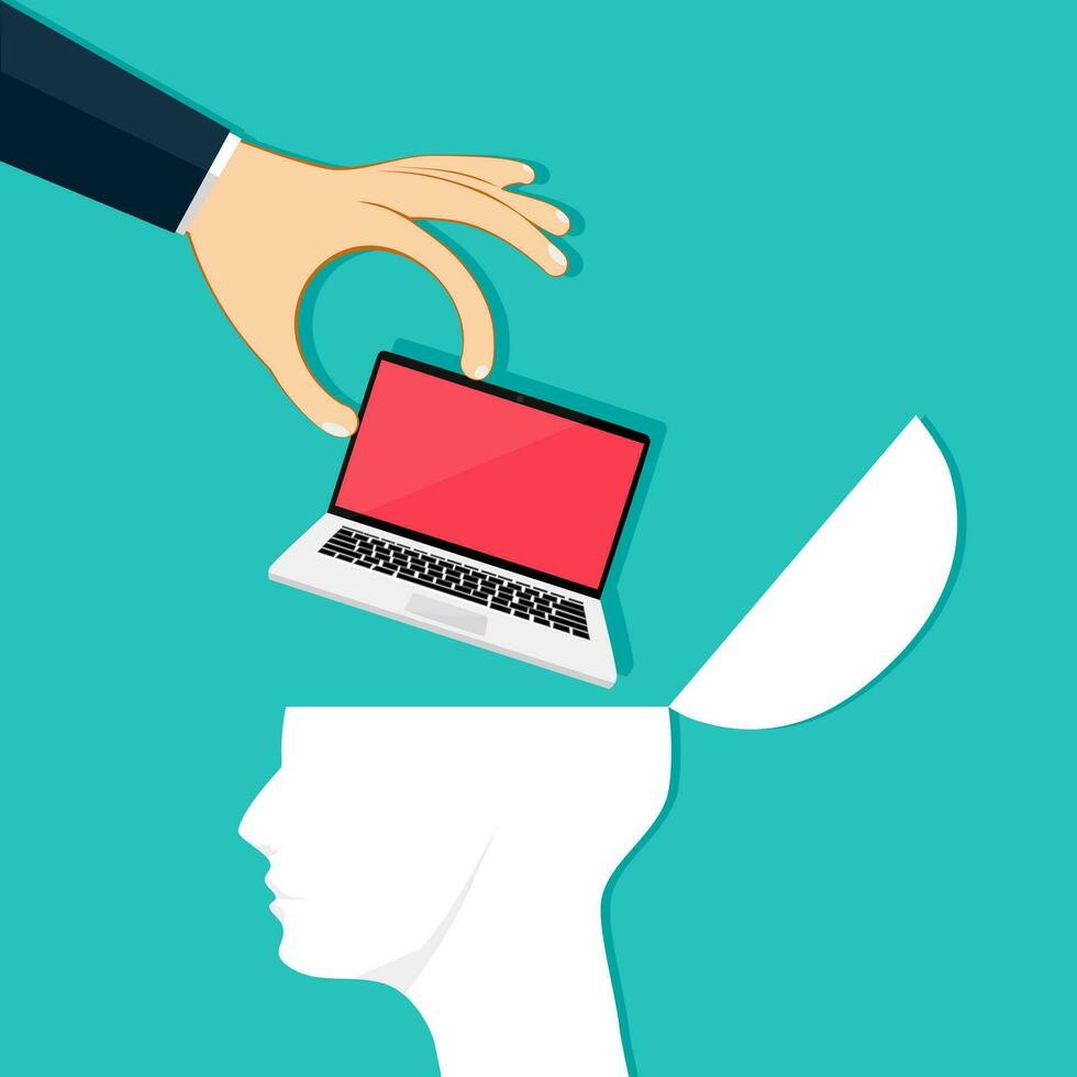 Hand put the laptop in the human head. Provide technology advice. Vector illustration