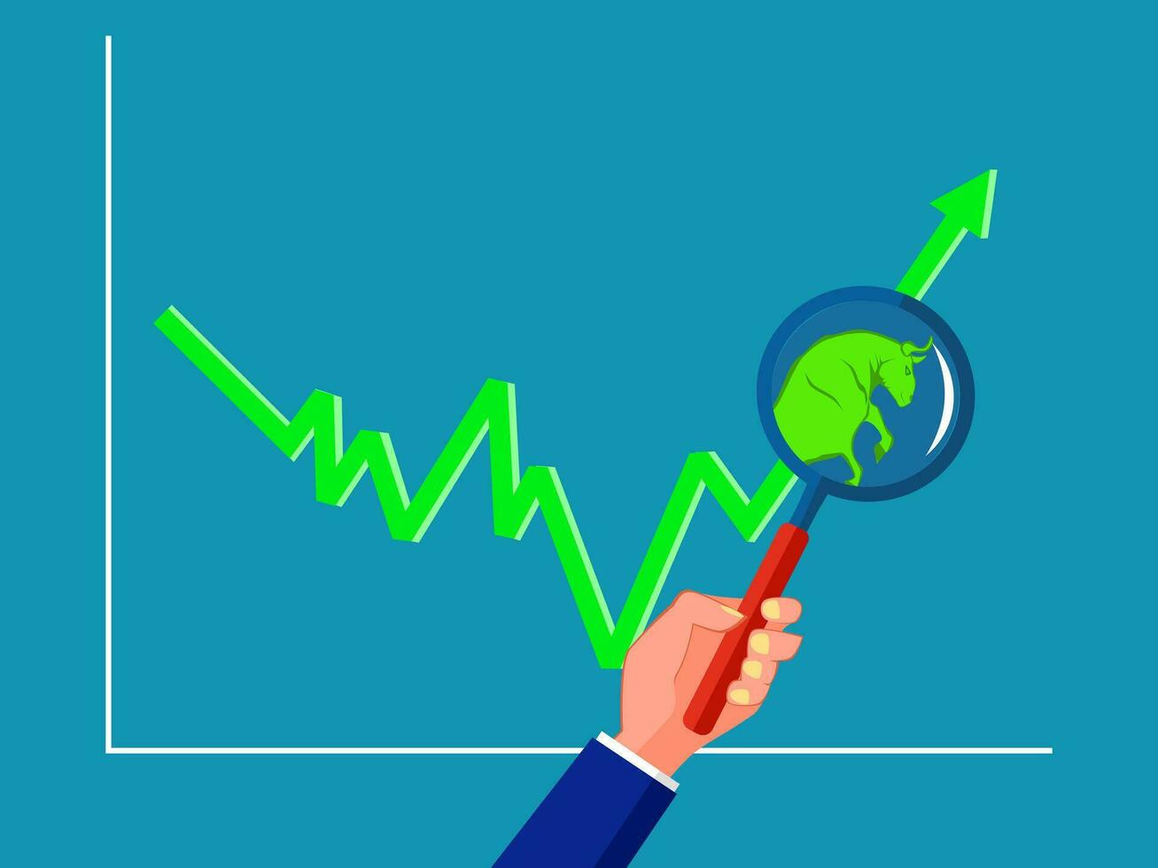 The bull market in the magnifying glass. Upward trend in the stock market vector