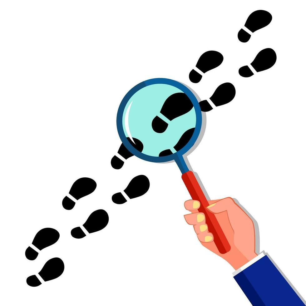 The magnifying glass detective is following in the black footsteps. Vector illustration
