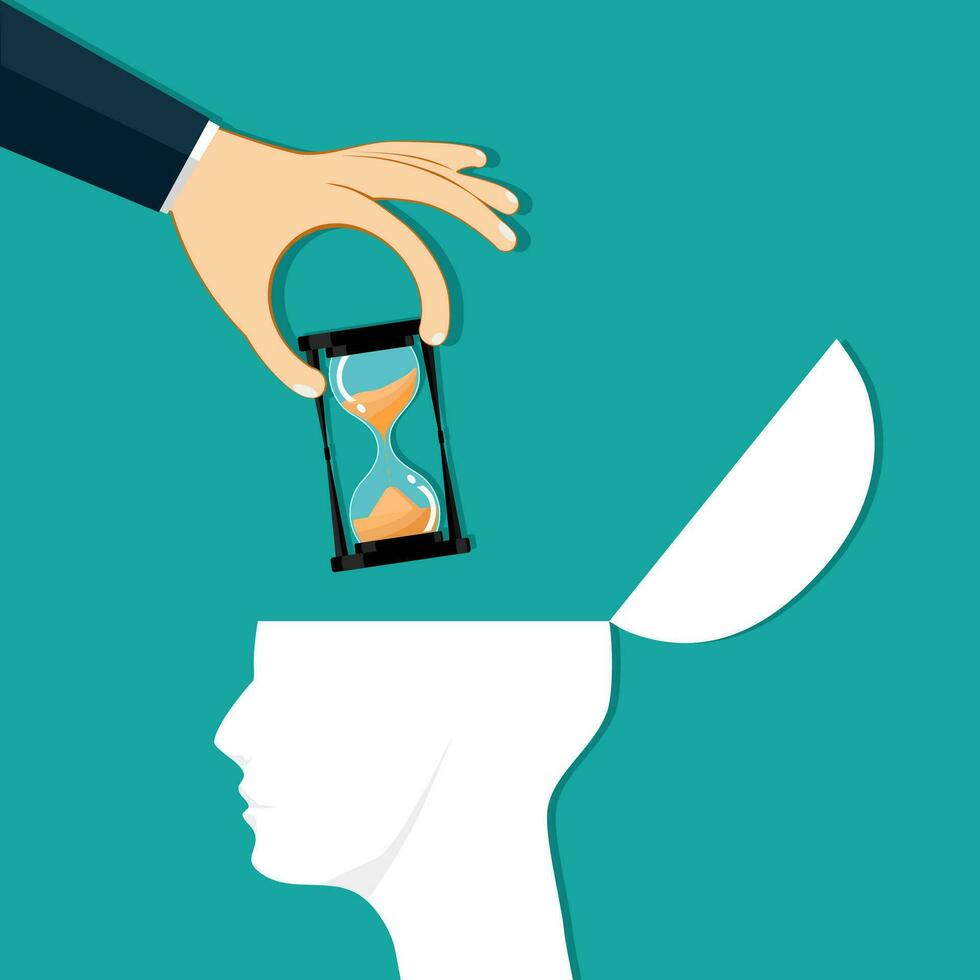The hand placed an hourglass inside the head. Time concept. Vector illustration