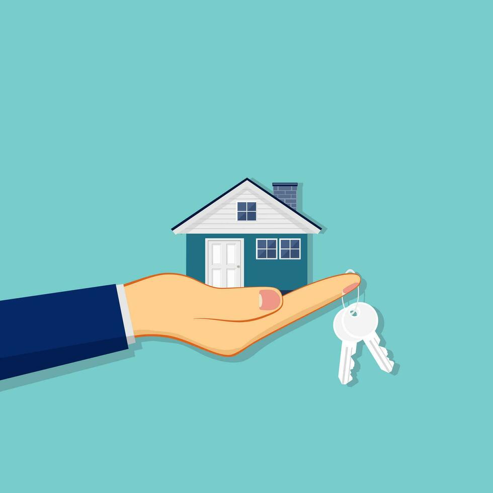 vector of Hand agent with home in palm and key on finger. Offer of purchase house