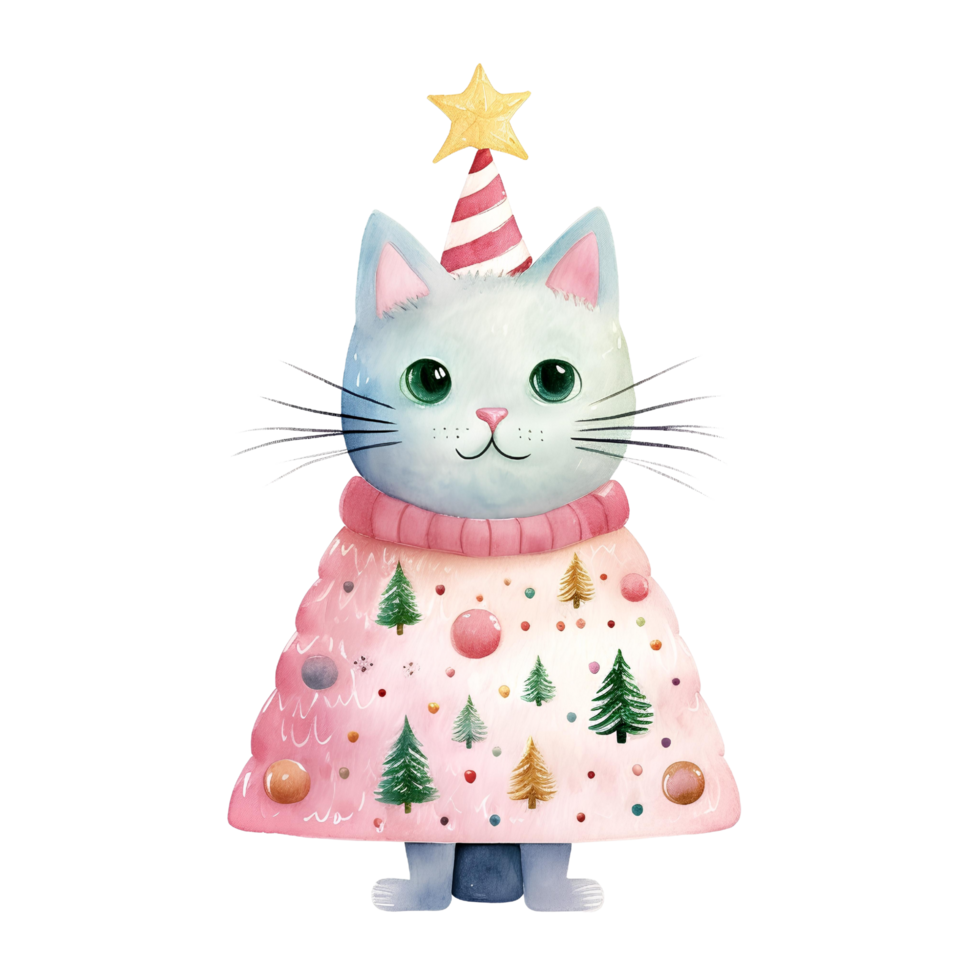 AI generated Watercolor cat  in winter for Christmas festival on transparent background png