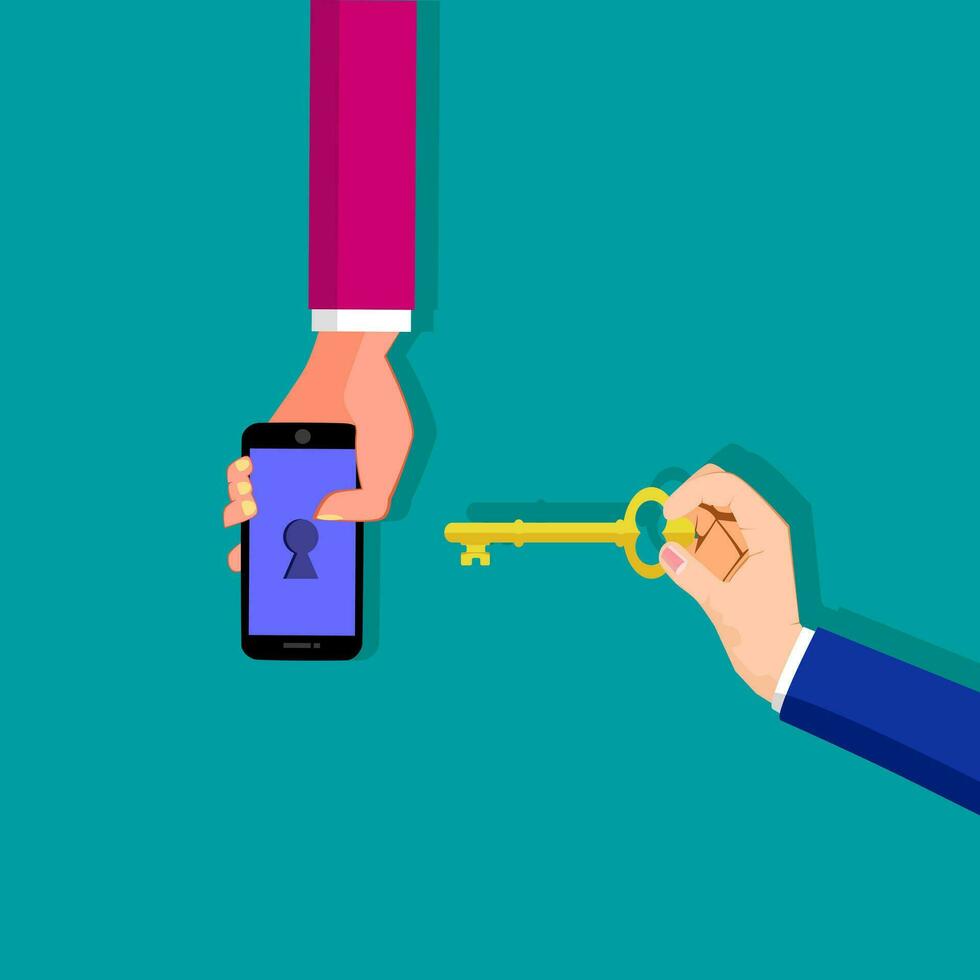 People use keys to unlock smartphones. Unlocking  for smartphones concept vector