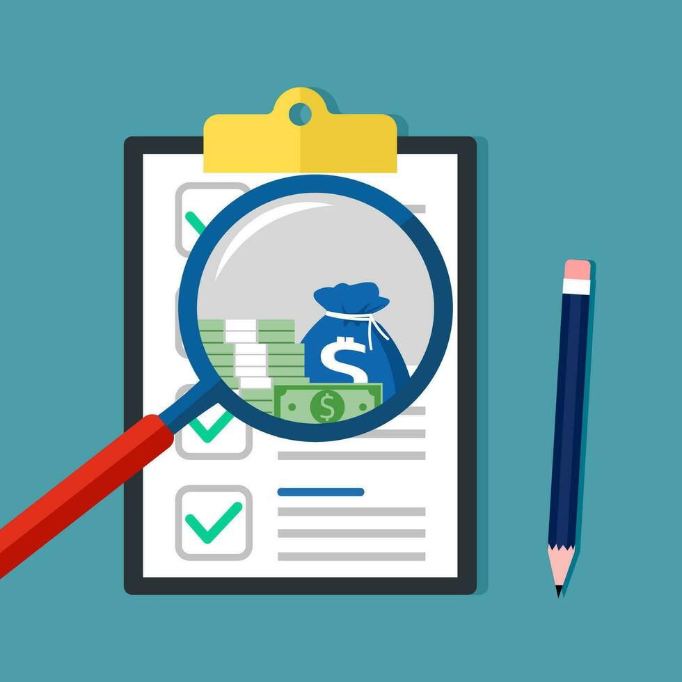 Stacks of money in a magnifying glass and paper for business documents. Analysis of financial documents vector