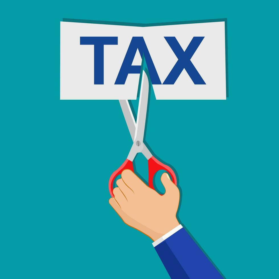 a businessman hand cutting word tax with scissors. Business finance concept vector